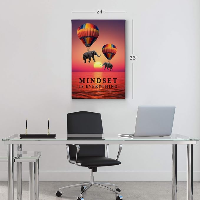 Smile Art Design Mindset is Everything Elephant with Balloon Sunset View Motivational Wall Art Canvas Print Inspirational Entrepreneur Quote Modern Office Decor Artwork Gift Ready to Hang 12x8