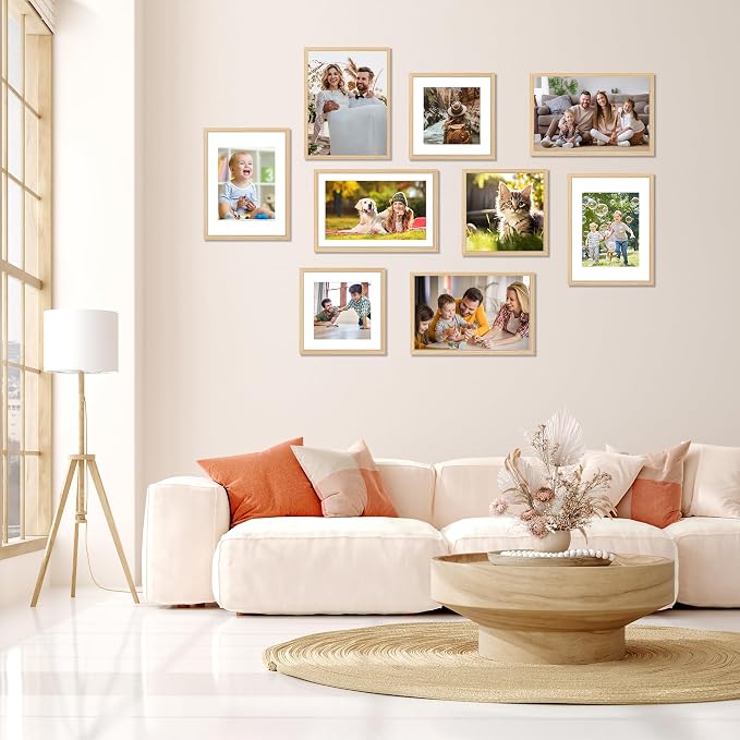 12x12 Picture Frame Natural Set of 2, Photo Frame with HD Plexiglass, Display Pictures 8x8 with Mat or 11x17 Without Mat, Gold Picture Frames Collage Wall Decor, Gallary Wall Frame