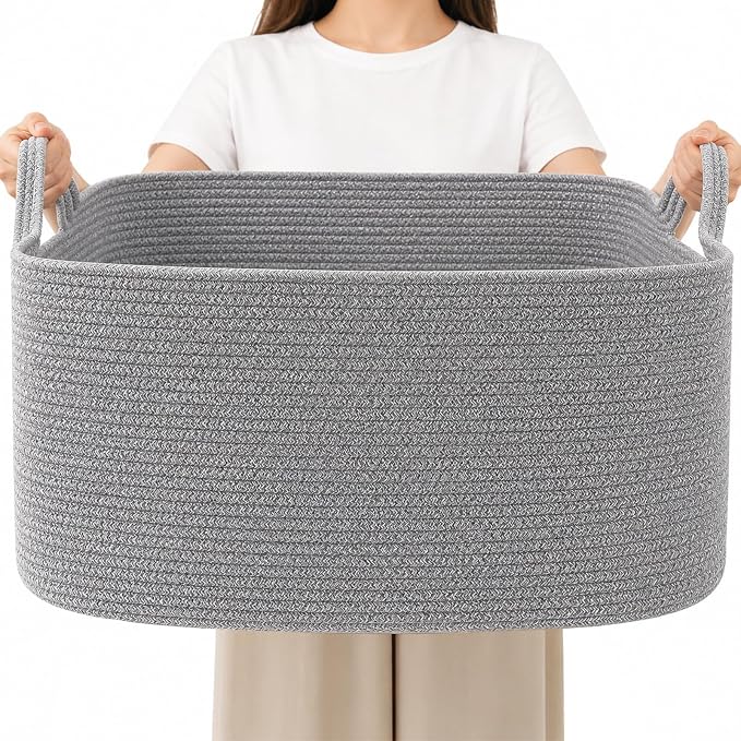96L Woven Laundry Basket with Handles, Extra Blanket Basket, Grey | 24"×16"×15" Collapsible Cotton Rope Storage Basket for Toys Clothes & Pillows, Nursery, Bathroom, Bedroom, Living Room