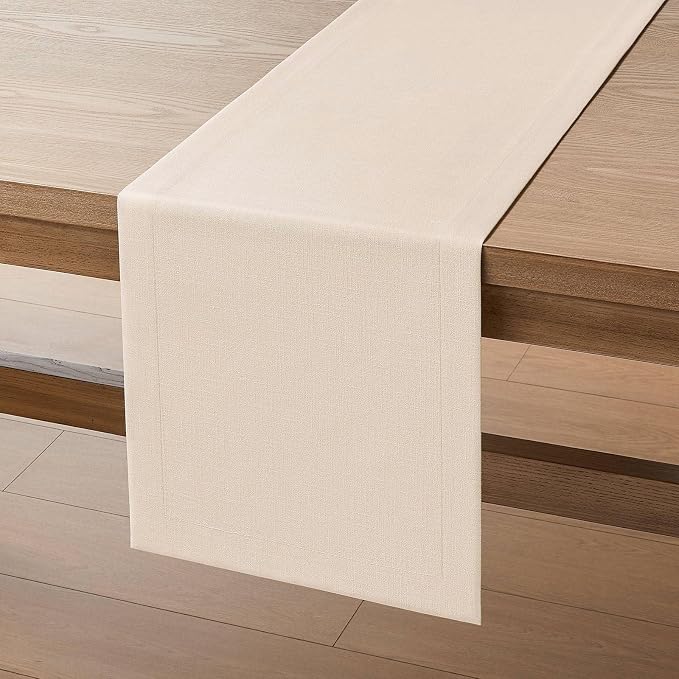 ZeeMart Linen Textured Border Table Runner, 14 x 60 Inch Cream | Mitered Corner Design, Medium Weight Fabric, Modern Farmhouse Style, Machine Washable Easy Care Everyday Table Scarf
