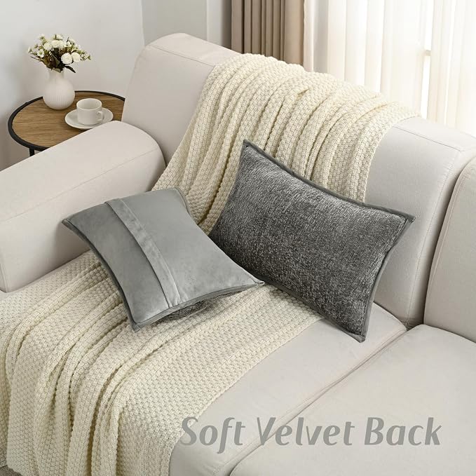 FUTEI Pack of 2 Chenille Soft Throw Pillow Covers 12x20 Inch, Grey