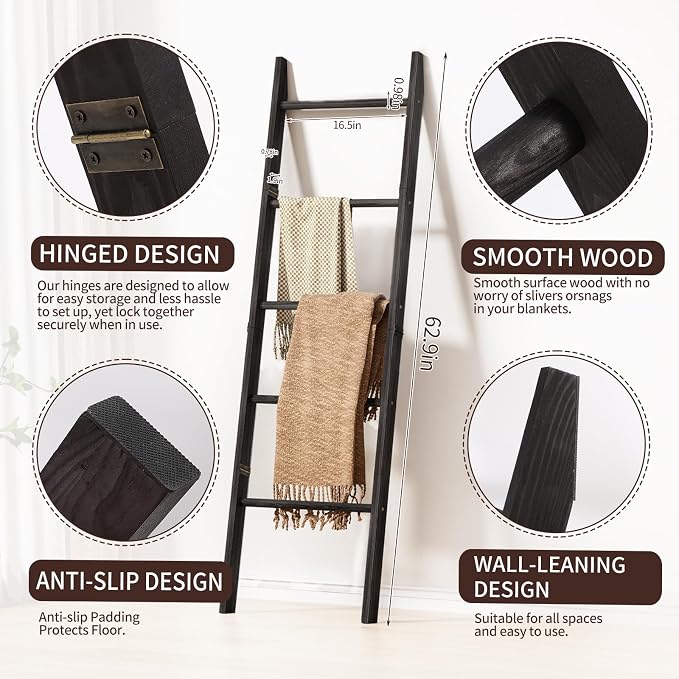 XLHOMO 5-Tier Wooden Blanket Ladder, 63" Rustic Leaning Blanket Rack for Living Room, Decorative Quilt and Towel Holder for Bedroom Bathroom Farmhouse Home Decor, Black