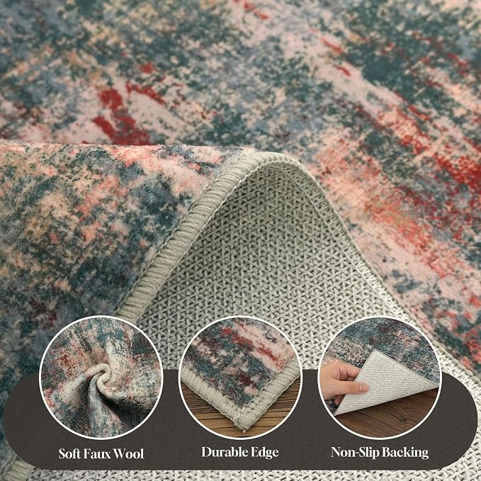 Lansny Abstract Washable Entryway Rug 3x5 Area Rug Non Slip Kitchen Rugs | Red/Multi;Thin Printed Faux Wool Door Mat;Small Rugs;Front Door Rug;Indoor Entry Rug;Rubber Backed Floor Carpet;Throw Rugs