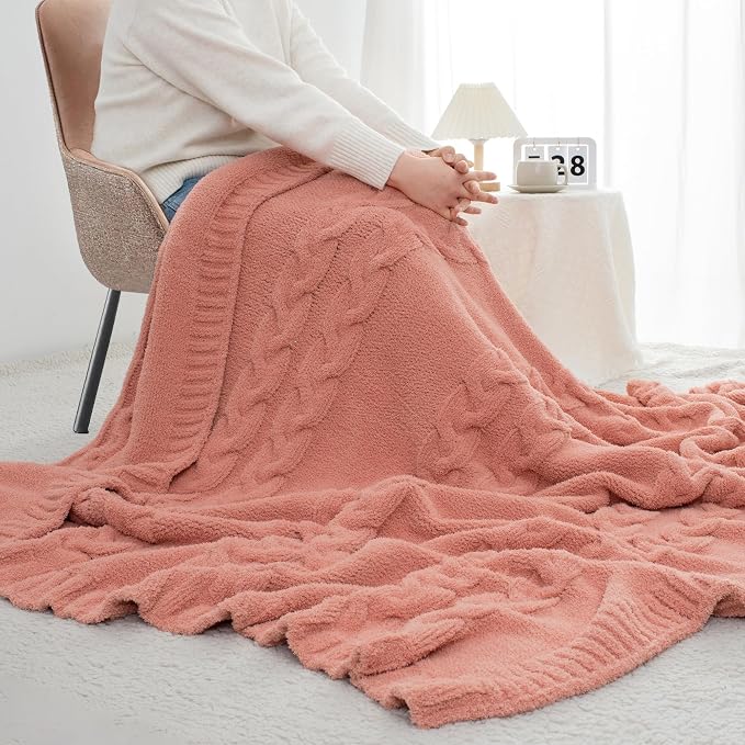 Chunky Knit Throw Blanket Super Soft Cable Fluffy Microfiber Cozy Warm Winter Blankets for Couch Sofa Bed 50"X60" Pink