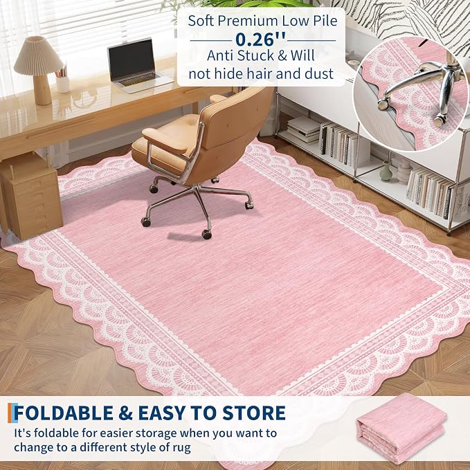 COZYLOOM 9x12 Lace Border Area Rug for Bedroom, Scalloped Large Living Room Rug with Non Slip Backing, Non Shedding Modern Solid Color Area Rugs Stain Resistant Low Pile Mats for Kids Room, Pink