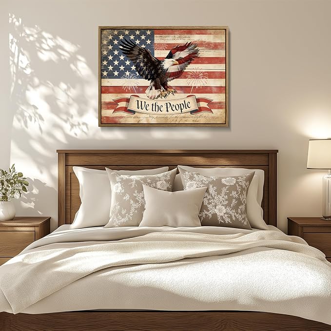 American Flag Framed Canvas Wall Art, 4th of July Patriotic Canvas Prints | USA Flag with Bald Eagle Poster Print, Vintage Independence Day Wall Decor for Bedroom Living Room 11×14in