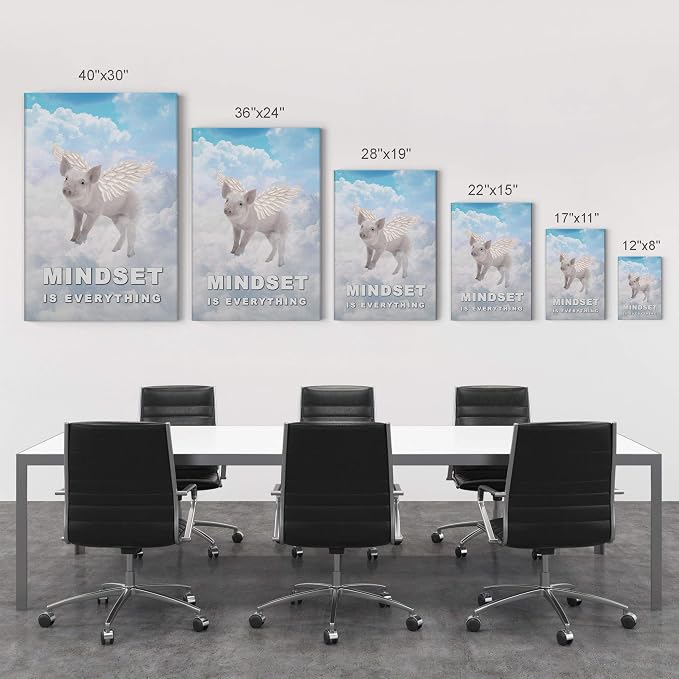 Smile Art Design Mindset is Everything Pig with Wings Flying in Sky Motivational Wall Art Canvas Print Inspirational Entrepreneur Quote Canvas Print Modern Office Decor Gift Ready to Hang 12x8