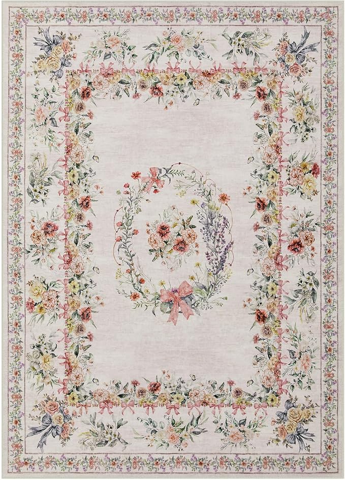 Joydeco Washable 9x12 Area Rugs, Ultra-Thin Large Area Rug for Living Room, Pink Soft Non Slip Boho Floral Bow Apartment Decor Carpet for Big Bedroom Playroom Nursery Office, Light Pink