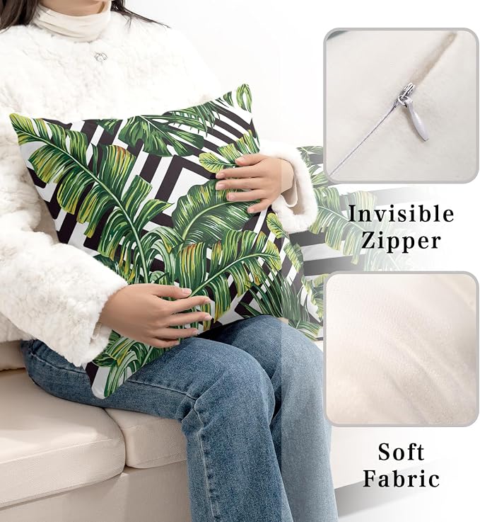 Tropical Green Banana Leaf Throw Pillow Covers Black and White with Stripe Pillowcase Square Decorative Cushion Cases Cotton Blend Outdoor Decor 20x20 in 2 Pcs for Beach Sofa Bed