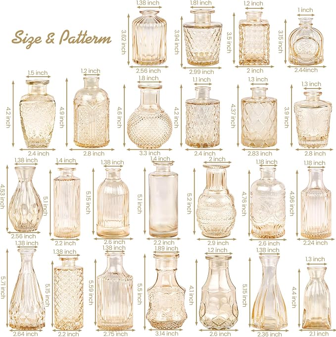 TBWIND 24pcs Amber Glass Bud Vases Set | Small Flower Vases for Centerpieces in Bulk, Mini Vintage Vase, Wedding Decor, Home Table Décor