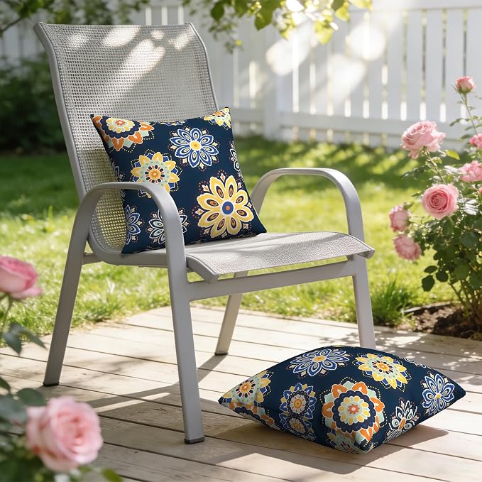 Outdoor Throw Pillow Covers 18x18 Inch, Decorative Pillow Covers for Patio Furniture, Bloom Medallion‌Cobalt Modern Cushion Cases for Garden Couch Home Sofa, Pack of 2