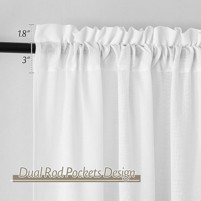 RYB HOME Linen Sheer Curtains 2 Panels for Living Room, Semi Transparent Privacy Drapes with Rod Pocket Farmhouse Style Window Treatments for Bedroom, White, 38" W x 63" L