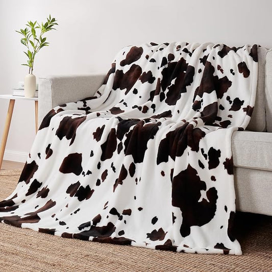 Cozy Bliss Cow Print Fuzzy Throw Blanket for Couch - Thick Soft Warm Non Shedding Fleece Blankets for Western Décor Room, for Kids, Women Men Girls, Black Brown 40"*50"
