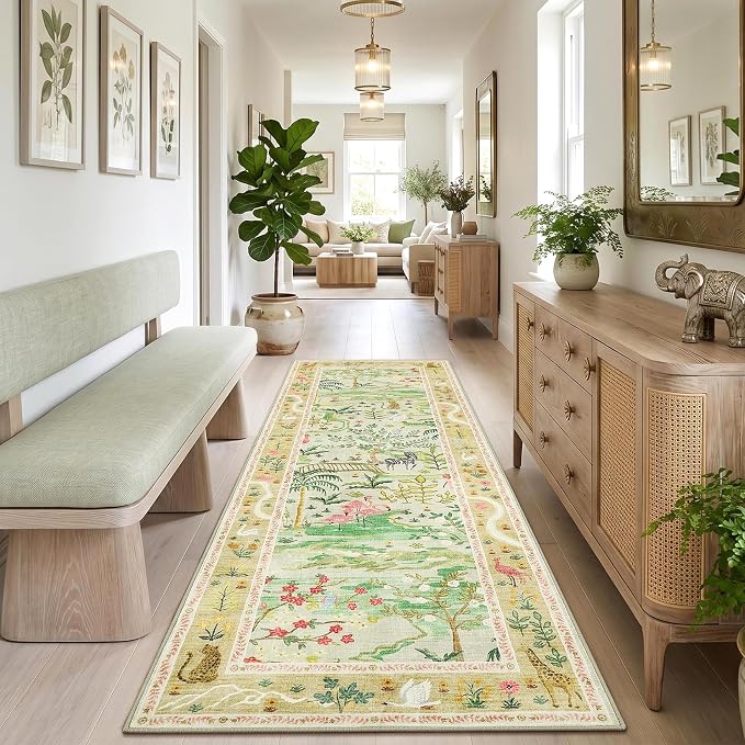 2x6 Hallway Runner Rug Non Slip Forest Nursery Runners Washable Stain Resistant Fairy Tale Whimsical Long Runner Carpets Girls Room Green Safari Animal Rugs for Living Room Kitchen Bedroom, Sage Green