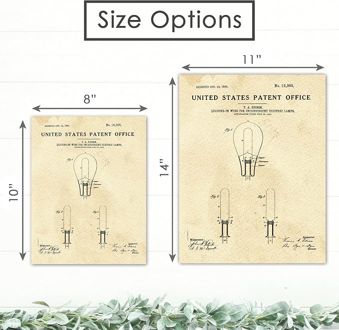Light Bulb Patent Print Wall Art | Unframed 8x10 | Thomas Edison Vintage Wall Art | Aesthetic Wall Décor | Unique Design Print for Home, Office, or Living Room | Vintage Art Prints for Modern Spaces