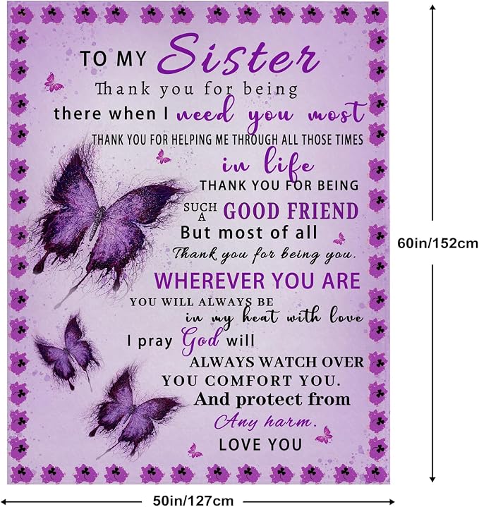Sister Birthday Gifts Purple - Sister Blanket, Christmas Mothers Day Birthday Gifts for Sisters from Sisters Adult, Present for Sis, Soft Flannel Throw Blanket, Purple Butterfly, 60"x50"
