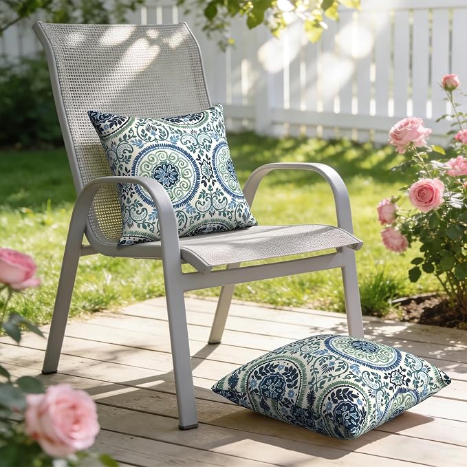Outdoor Throw Pillow Covers 18x18 Inch, Decorative Pillow Covers for Patio Furniture, Medallion Blue Modern Cushion Cases for Garden Couch Home Sofa, Pack of 2