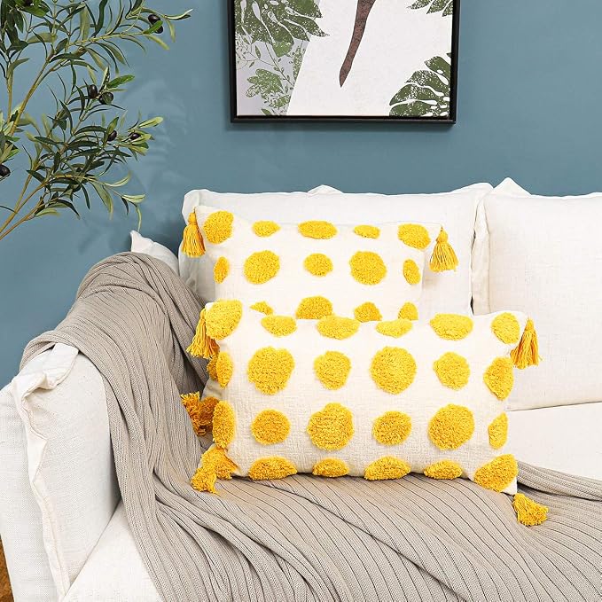PLWORLD Boho Yellow Pillow Cover 18x18, Tufted Cream Chenille Cushion Case with Pom Poms & Tassels, 1PC Cover Only, No Insert