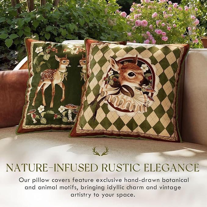Vintage Christmas Pillow Cover 18x18, Checkered Deer | Designer High End Deer Pillow Cover, Green Velvet Throw Pillow Decorative for Couch Sofa Bedroom Home Holiday
