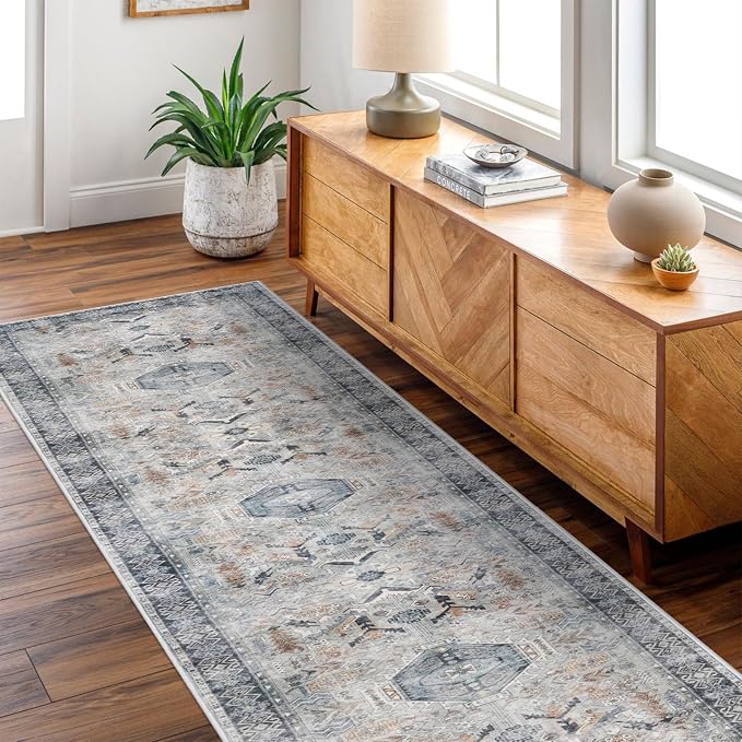 RUUGME Washable Runner Rug 2.6'x12' - Vintage Kitchen Area Rug Stain Resistant Rugs for Living Room Bedroom Laundry Room Mat Distressed Rug Hallway Floor Carpet Runner for Bathroom(Grey/Blue)