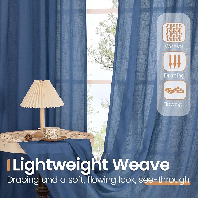 BGment Navy Blue Linen Curtains 48 Inch Length for Windows, Semi Sheer Drapes Light Filtering for Short Bedroom Living Room Bathroom Decor Lightweight with Rod Pocket, 2 Panels Set, Each 42 Inch Wide