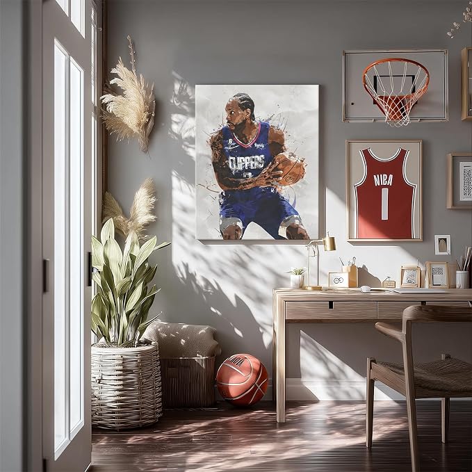 Kawhi Leonard Basketball Canvas Wall Art, Sports Player Poster, 12x16 Inch | Abstract splash ink athletic artwork, motivational sports wall decor for teen boys room, bedroom, living room, gym or office