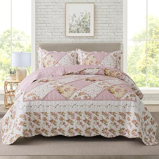 Travan 3-Piece Quilt Set Quilted Bedspread Lightweight Coverlet Set Garden Style Floral Printed Oversized Quilted Bedding Set with Shams for All Season, Exquisite, King Size