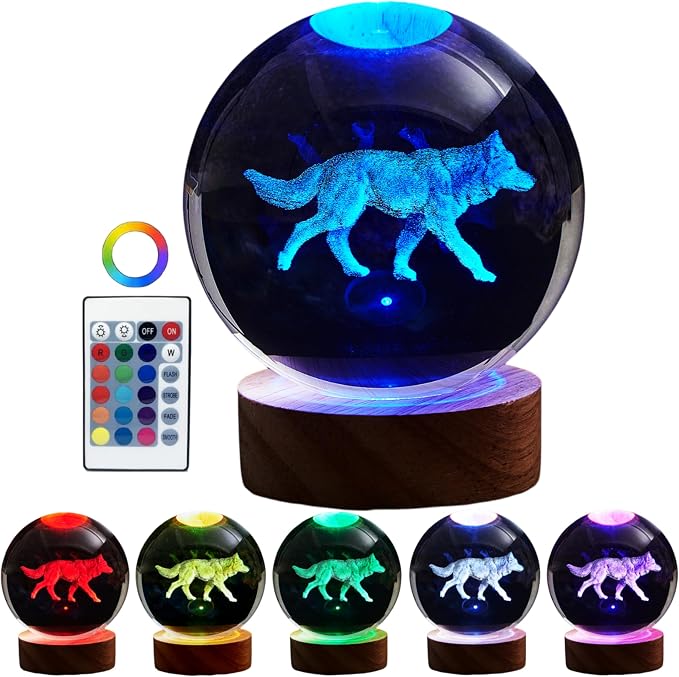 3D Crystal Ball Lamp, Upgraded 3.15 Inch Wolf Crystal Ball Night Light with 16 Colors LED, Wooden Base, Remote Control, Gift Box Packaging, Home Decor Gift