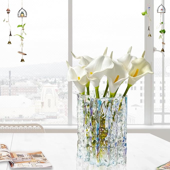 Aoderun Glass Vase Crystal Vase Heavy Duty Large Flower Vase for Dining Table Kitchen Office Home Shelf Wedding Living Room Centerpieces(Iridescent Clear)