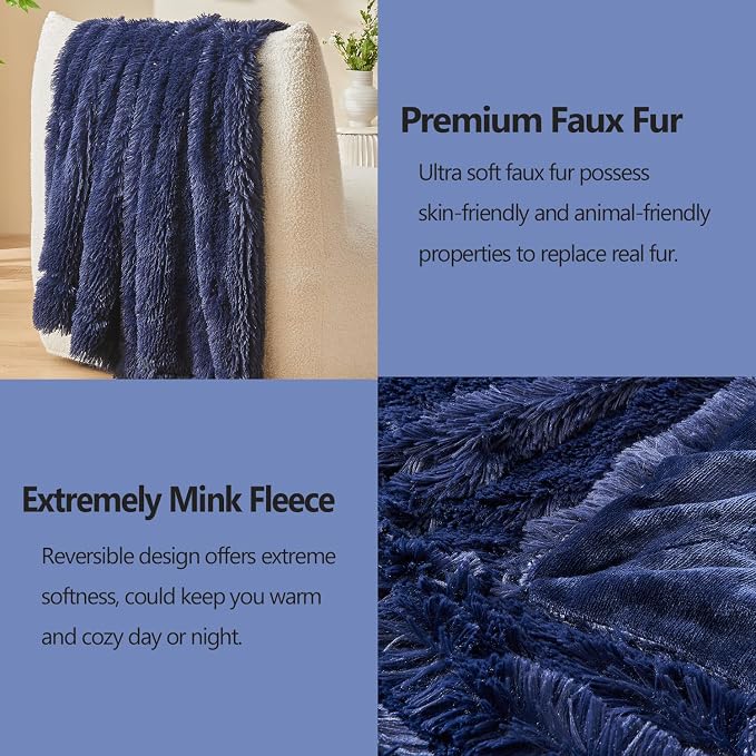 GONAAP Fuzzy Faux Fur Throw Blanket for Couch, Dark Navy, 50"x60" | Warm Cozy Plush Shaggy Decorative Reversible Thick Non-Heated Fleece Blanket for Sofa Bed, Gift for Women Men, All Season Use