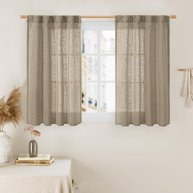 40 Inch Length Linen Curtains for Small Windows Over Silk 2 Panels | Semi Sheer, Light Filtering Panels, Country Decor Drapes for Basement, Kitchen, Rod Pocket Back Tab, Taupe, 34 x 40 Inch