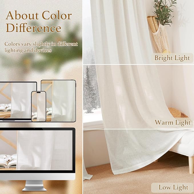 RYB HOME Semi Sheer Curtains 95 inches Long for Living Room | Extra 66 inches Width, Light Filtering, for Farmhouse Home Office Bedroom, Rod Pocket, Linen, W66 x L95, 2 Panels