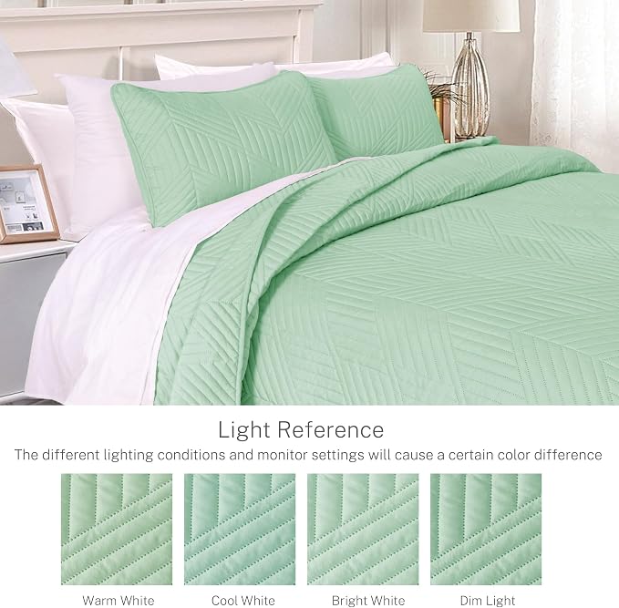 Exclusivo Mezcla Ultrasonic King Quilt Bedding Set, Mint Green | Lightweight Bedspreads, Soft Microfiber, Modern Geometric Coverlet, All Season Bed Cover, 1 Quilt and 2 Pillow Shams