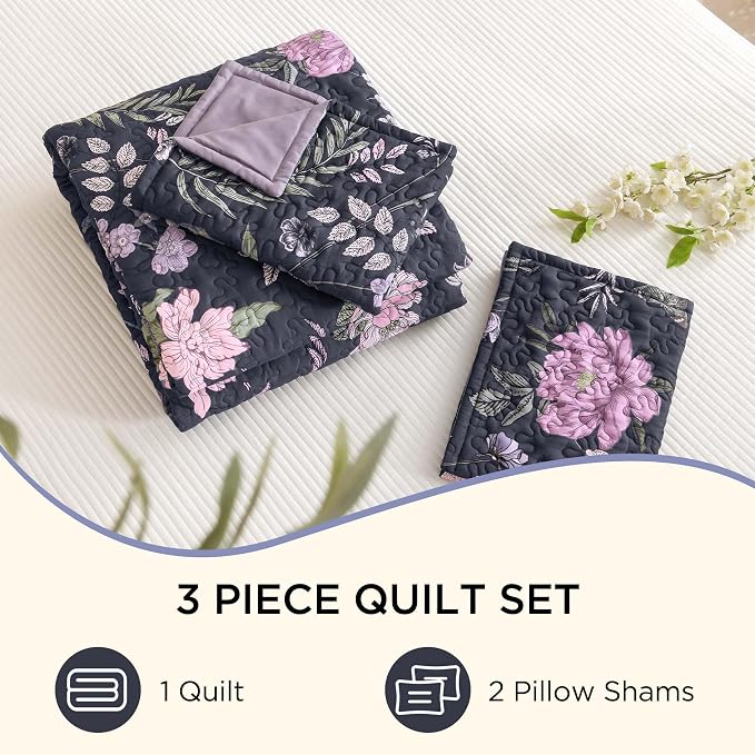 Litanika Floral Dark Purple Quilt Set- 3Pcs Botanical Birds Pattren Bed | Super King Bedspread Summer Lightweight Soft Coverlet with Pink Flower for All Seasons (120"x120")