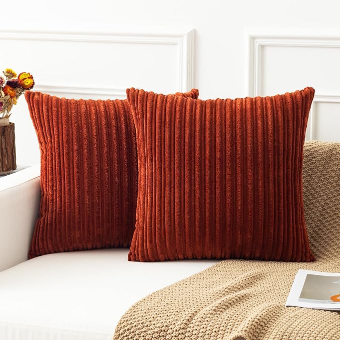 Kevin Textile Striped Corduroy 22”x22” Pillow Covers 2 Pack, Burnt Brick