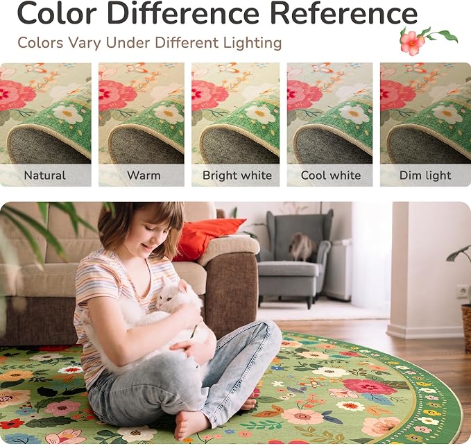 Washable Floral Area Rug for Living Room Round 4ft Light Green | Non-Slip，Vacuum-Friendly, Low Pile, Flower Carpet for Bedroom Kitchen Entryway Dining Room Office Nursery