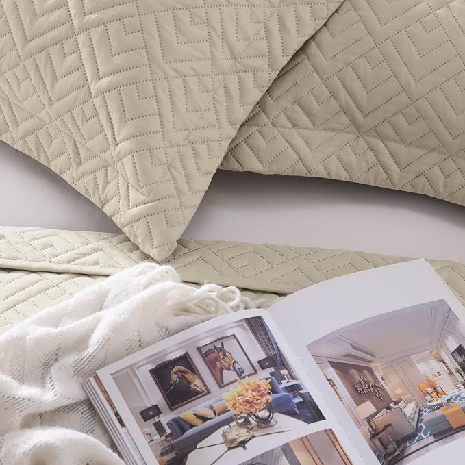 EXQ Home Quilt Set Queen Size Summer Squares Pattern Beige Bedspread | Bedding Set For All Season Use, Soft & Breathable Coverlet,3-Piece Set Includes 2 Shams, Machine Washable