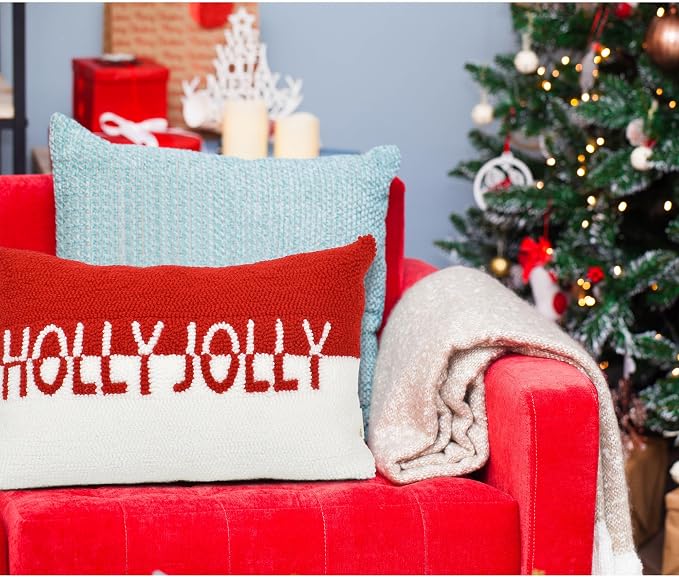 Holly Jolly Christmas Pillow Covers, 12x20, Hooked Wool Embroidered Throw Pillows for Home, Red & White