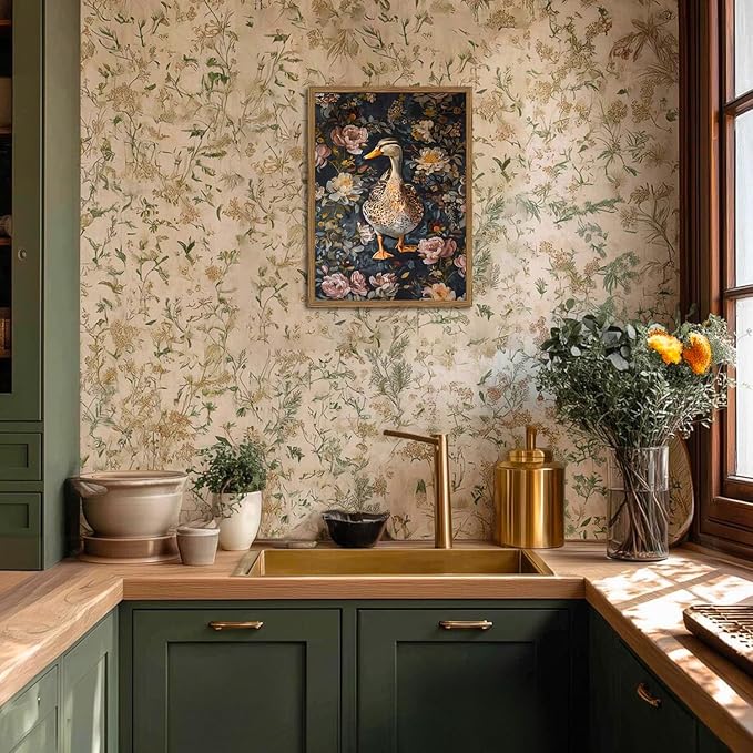 Vintage Mallard Duck Wall Art, Duck Wall Decor Painting Moody Floral Animal Poster Canvas Print Picture for Living Room Bedroom 12x16 inch Wood Framed