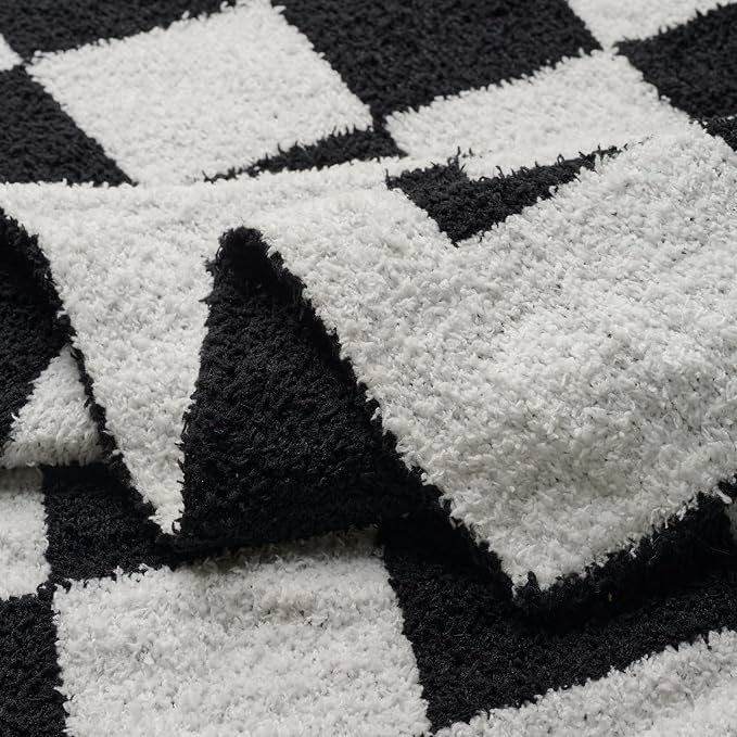 Checkered Throw Blanket for Couch, Soft Cozy Warm Knitted Blankets | Lightweight Fuzzy Travel Warm Decor for Women, Mom, Girls, Sofa, Chair, 50x70in, Black