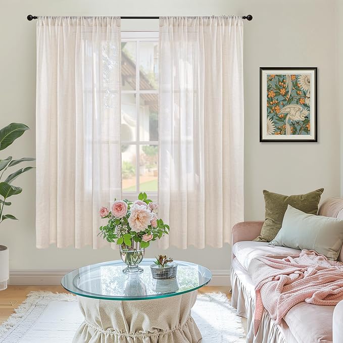 BGment Oatmeal Linen Semi Sheer Curtains 63 Inch Length for Living Room - Rod Pocket Light Filtering Drapes Lightweight Camel Window Treatments for Bedroom Farmhouse, 2 Panels Set, 52 X 63 Inch