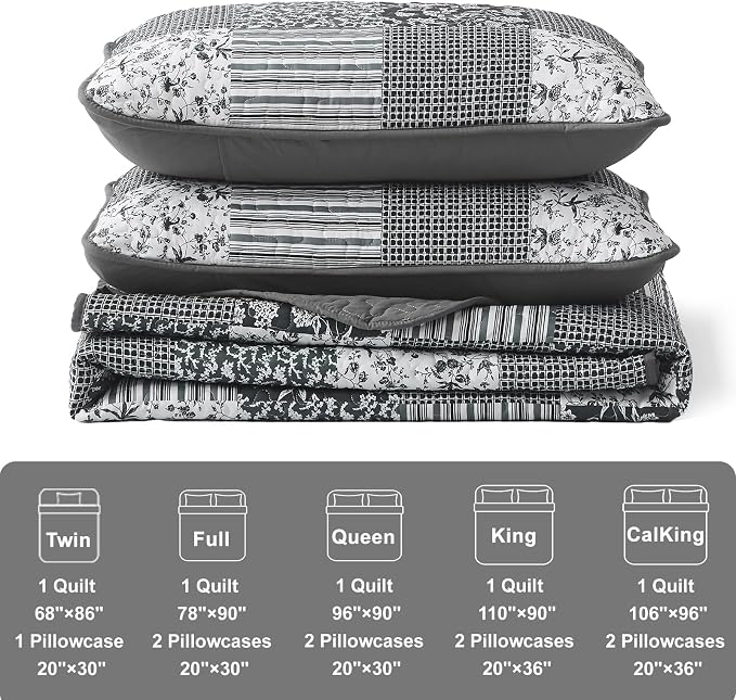 Mybedsoul Quilt California King Size, Patchwork Bedding Set, Black Grey | Soft Lightweight Microfiber Floral Boho Coverlet Set, 3 Pieces Plaid Bedspread, Bed Sets for All Seasons 110"x96"