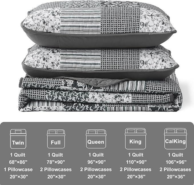 Mybedsoul Boho Quilts Queen Size, Patchwork Bedding Set, Black Grey | Soft Lightweight Microfiber Floral Coverlet Set, 3 Pieces Plaid Reversible Bedspread, Bed Sets for All Seasons 90"x96"