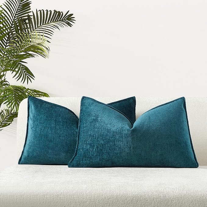 JUSPURBET 12x20 Chenille Lumbar Throw Pillow Covers Set of 2,Peacock Blue | JUSPURBET Decorative Cozy Soft Cushion Covers Case with Hidden Zipper for Couch Sofa Bed Home Decor Living Room