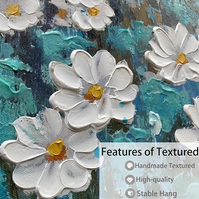 Arjun Flower Wall Art for Living Room, Teal Bedroom Canvas Daisy Floral Painting Landscape Picture Artwork Large Textured Office Home Dining Room Kitchen Wall Decor 40"x20"