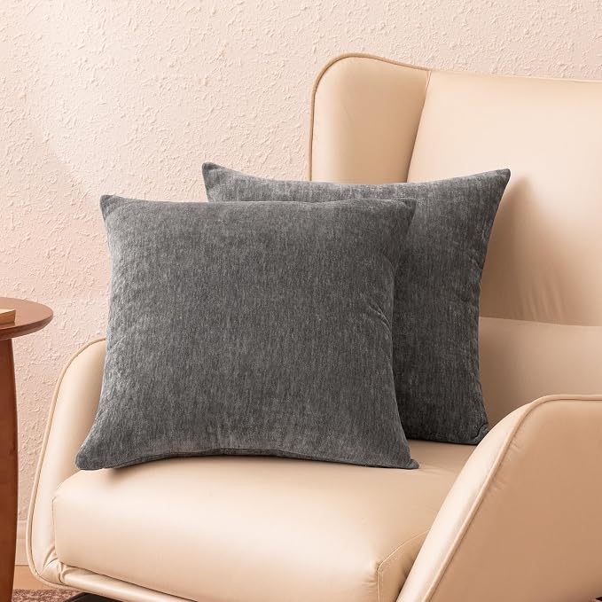 Amazon Basics Chenille Throw Pillow Covers, Home Decor Cushion Cover for Bedroom Living Room Couch Bed, 18" W × 18" L, Dark Gray