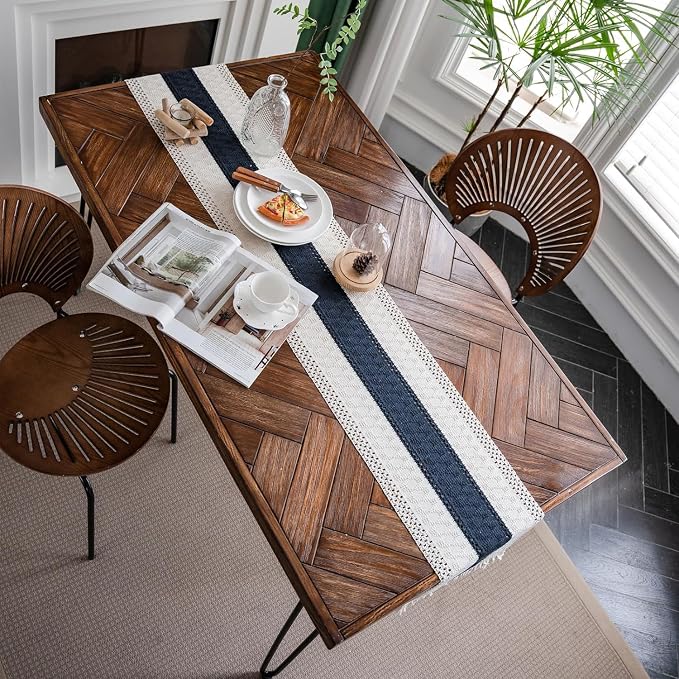 Macrame Table Runner Beige and Blue Boho Table Runners with Tassels 12x60 | Alynsehom Hand Woven Cotton Table Runner Rustic Farmhouse Table Runners for Bohemian Kitchen Dining Table