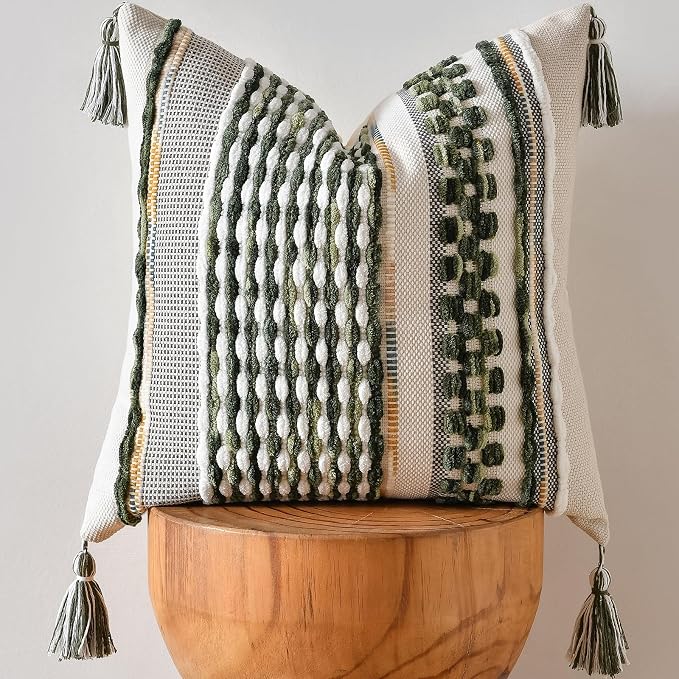 AmHoo Chenille Striped Textured Boho Throw Pillow Covers Aesthetic with Tassels Woven Decorative Pillow Case for Couch Bed Sofa Bedroom Modern Funky 18 x 18-Inch Sage Green
