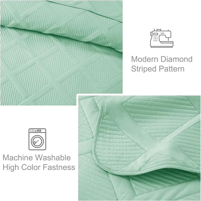 Exclusivo Mezcla Quilt King Size, Light Green | Soft Bedspreads with 2 Pillow Shams, Modern Striped Pattern, Lightweight Bedding Set Coverlets for All Seasons, 104x96 Inch