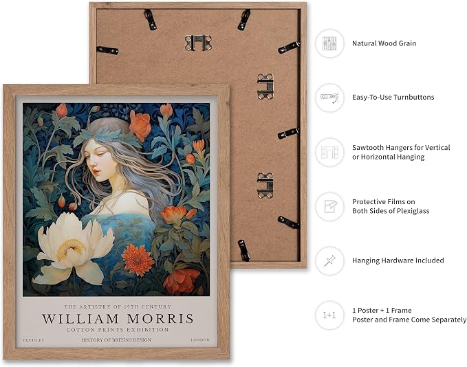Monem Art William Morris Poster - Woman and Flowers Art Print - Lady Art - Floral Design - Flower Illustration - Aesthetic Bedroom or Living Room Decor - 8x10 Beige Framed